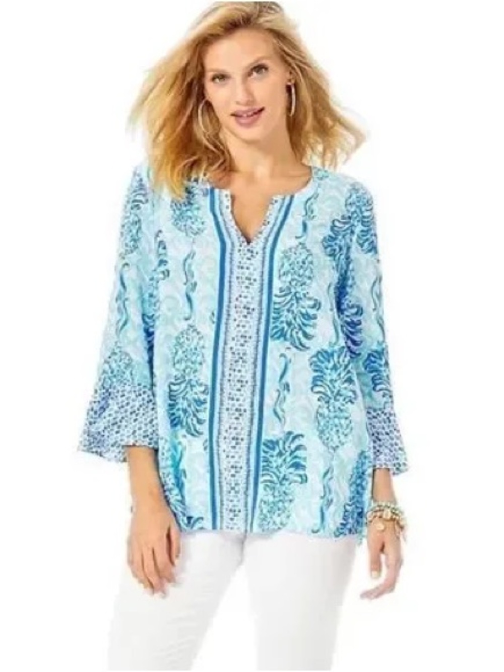Lilly Pulitzer Pineapple Print Tunic Top XXS Aqua Blue 3/4 Sleeve Resort